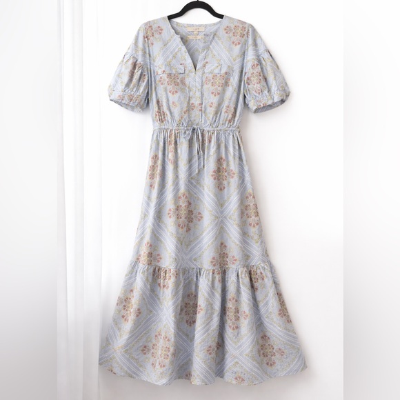 LOFT Blue Floral Midi Dress Puff Sleeves Drawstring Waist Size XL Ann Taylor - Picture 1 of 8